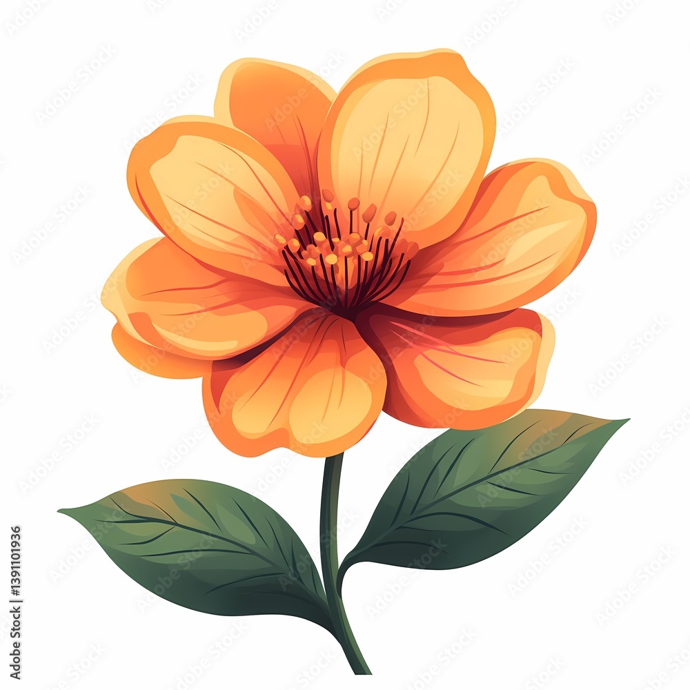 Obraz premium Vibrant Orange Floral Illustration: Elegant Hand-Drawn Botanical Art with Green Leaves in Modern Vector Style