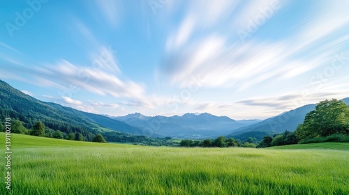 Lush green meadow stretches to distant mountains under a vibrant, streaked sky