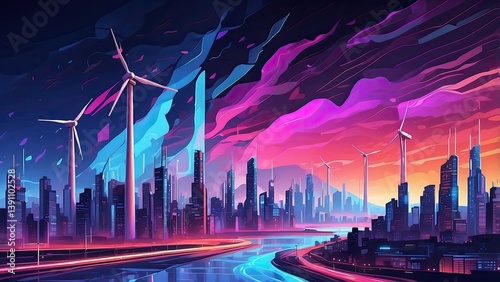 Three wind turbines set against the backdrop of a cityscape at dusk