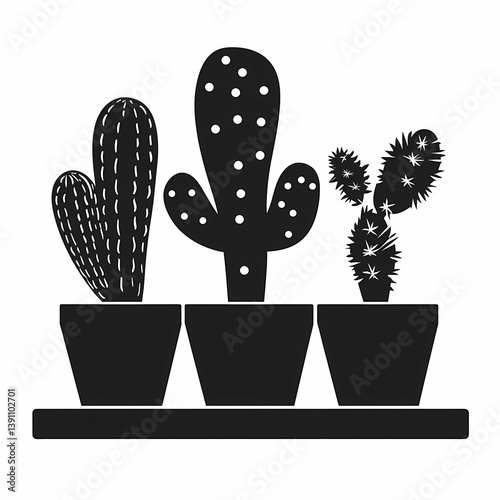 Black and White Cactus Silhouette for Minimalist Interior Decor and Nature Art | Botanical Illustration of Desert Plants