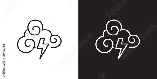 Cloud and lightning icon Lightning and cloud icon with thin line depicts thunderstorm weather. Cloud vector illustration icon in transparent and black background. Editable stroke.