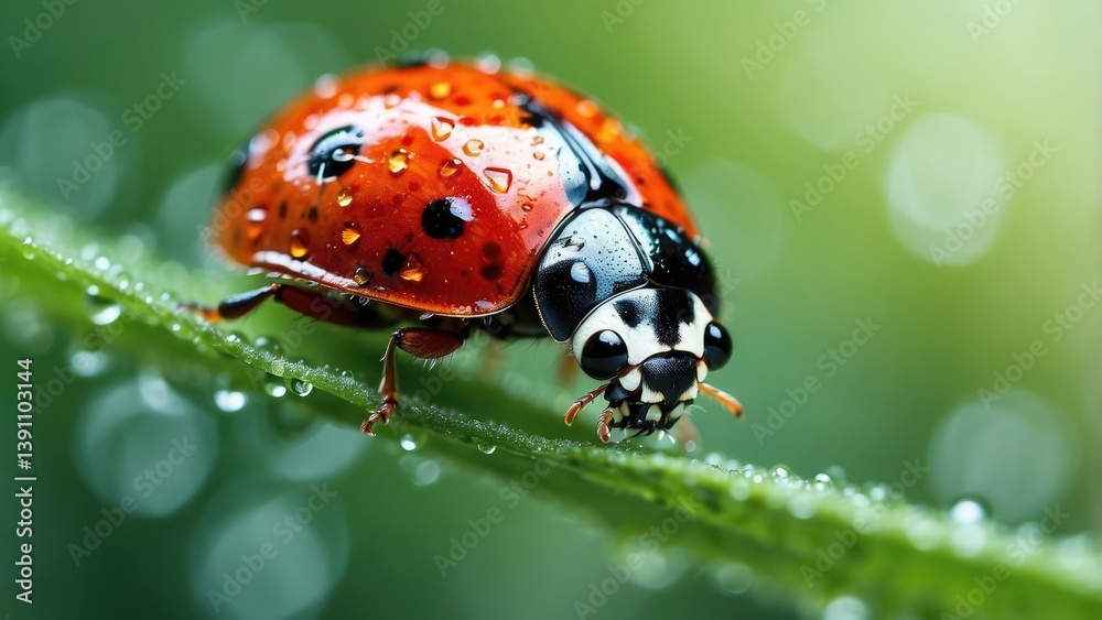 A close-up photo of a ladybug covered in water droplets on a grass blade during a rainfall A close-up photo of a ladybug covered in water droplets on a grass blade during a rainfall