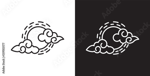 Cloud and full moon icon. Moon and cloud icon with thin line depicts clear cloudy night weather. Cloud vector illustration icon in transparent and black background. Editable stroke.