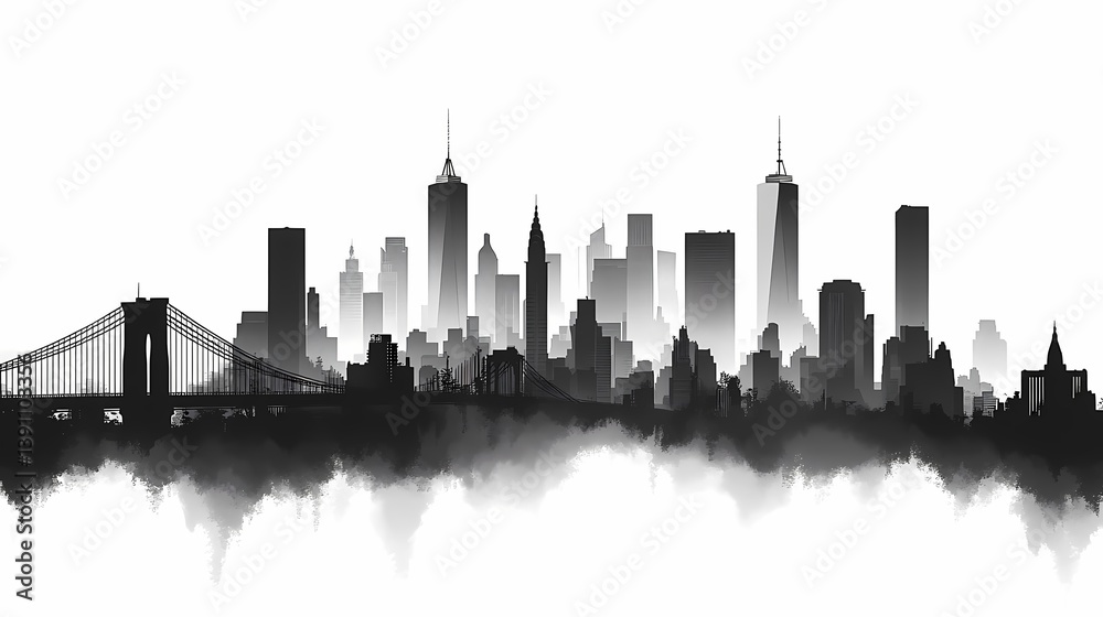 Naklejka premium Cityscape: Monochrome Skyline Silhouette with Skyscrapers and Bridge in Fog - Panoramic Urban Architecture Imagery