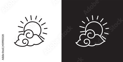 Cloud and sun icon. Sun and cloud icon with thin line depicts sunny cloudy day weather. Cloud vector illustration icon in transparent and black background. Editable stroke.