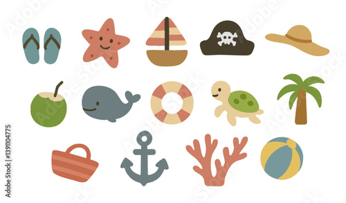 Summer Beach Icons Collection - Flip Flops, Starfish, Sailboat