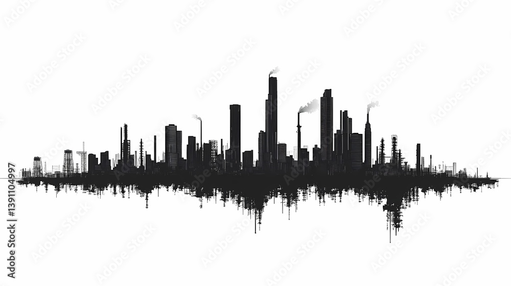 Naklejka premium Urban Noise Meets Art. City Skyline Sound Wave Illustration - Explore Creative Design and Contemporary Urban Landscape