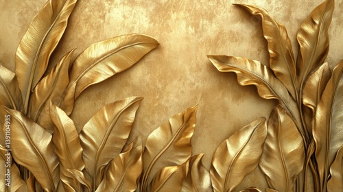 Obraz na płótnie Golden Banana leaves with Stucco Stems and Leaves An elegant 3D floral background. Elegant 3D Floral Background Featuring Golden Banana leaves with Stucco Stems and Leaves. w salonie