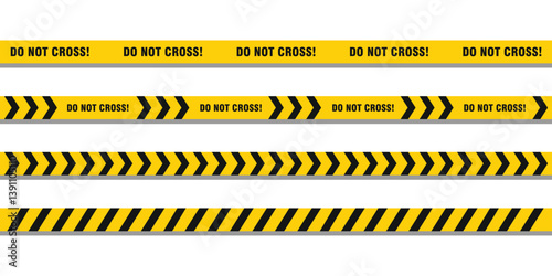 Yellow black tape. Do not cross ribbons. Police warning barrier tapes for criminal accident places. Set of caution crime scene bands. Seamless striped boundary lines. Vector illustration.