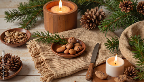 Christmas candles with cookies and festive decorations
