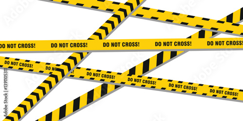 Yellow black tape. Do not cross ribbons. Police warning barrier tapes for criminal accident places. Set of caution crime scene bands. Seamless striped boundary lines. Vector illustration.