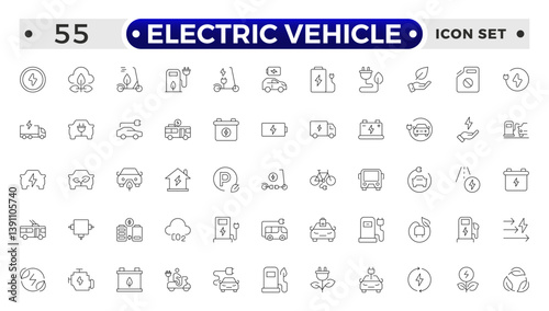 Electric Vehicle outline icons set. electric vehicle charging station, EV plug, bus, motorcycle, energy recovery, smart e car, Minimal outline icon collection.