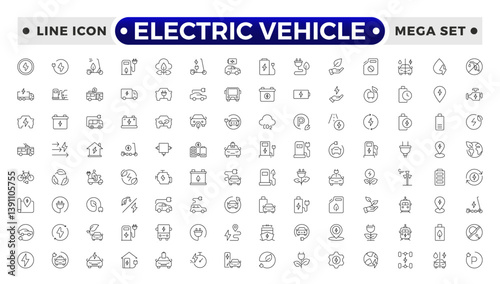 Electric Vehicle outline icons set. electric vehicle charging station, EV plug, bus, motorcycle, energy recovery, smart e car, Minimal outline icon collection.