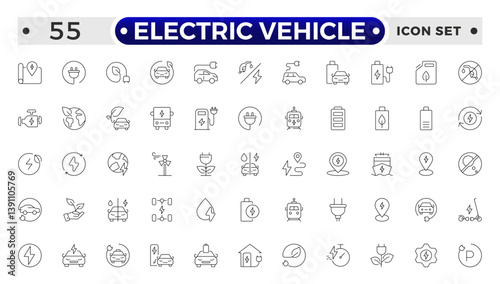 Electric Vehicle outline icons set. electric vehicle charging station, EV plug, bus, motorcycle, energy recovery, smart e car, Minimal outline icon collection.