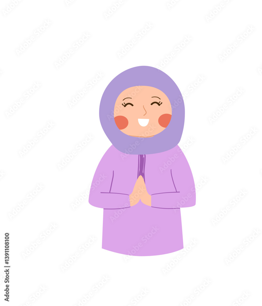 Joyful Woman in Lavender Hijab, Hands Pressed Together in Greeting Joyful Woman in Lavender Hijab, Hands Pressed Together in Greeting