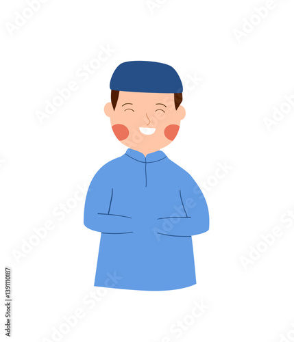 Joyful Young Boy in Traditional Blue Clothing and Cap