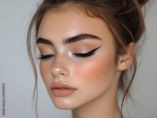 A young woman with flawless skin and natural makeup showcases a soft peach blush and winged eyeliner look perfect for a summer day.