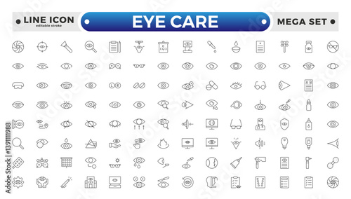 Essential Eye Care and Vision Health outline Icon Set. Optometry, Surgery, and Optical Tools. Editable stroke outline icon.
