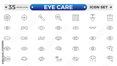 Essential Eye Care and Vision Health outline Icon Set. Optometry, Surgery, and Optical Tools. Editable stroke outline icon.
