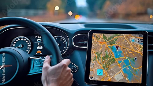 Driver Using Navigation System with Map on Touchscreen in Car

