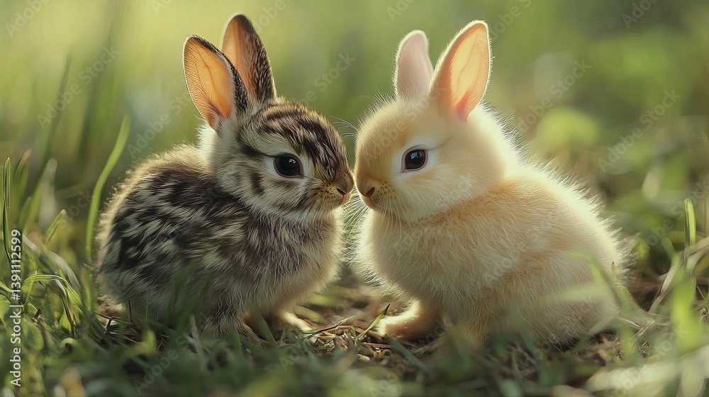 Fototapeta premium Adorable fuzzy chicks and bunnies playing together in a spring meadow