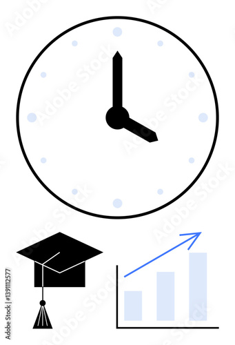Clock, graduation cap, and rising bar chart symbolize academic progress, time management, and success. Ideal for education, career growth, planning, efficiency productivity motivation flat simple