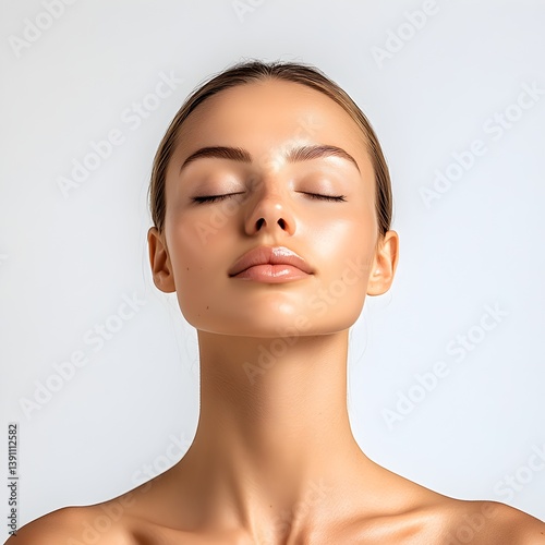 A serene young woman with flawless skin and closed eyes poses against a neutral background for a beauty or skincare product advertisement.
