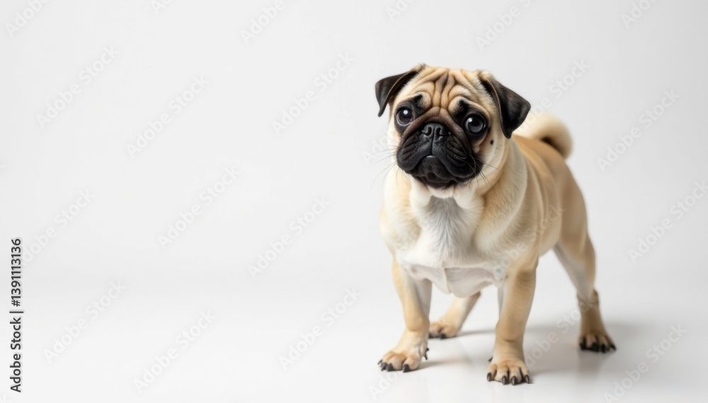 One charming pug posed against a pure white backdrop, photography, short, animal photo One charming pug posed against a pure white backdrop, photography, short, animal photo