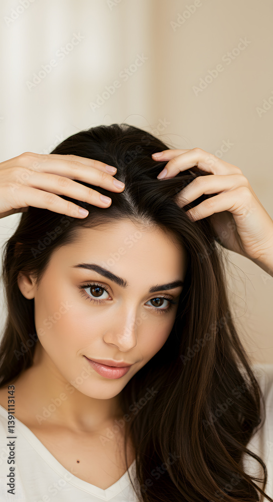 A woman with long brown hair touching her head, looking directly at the camera. A woman with long brown hair touching her head, looking directly at the camera.