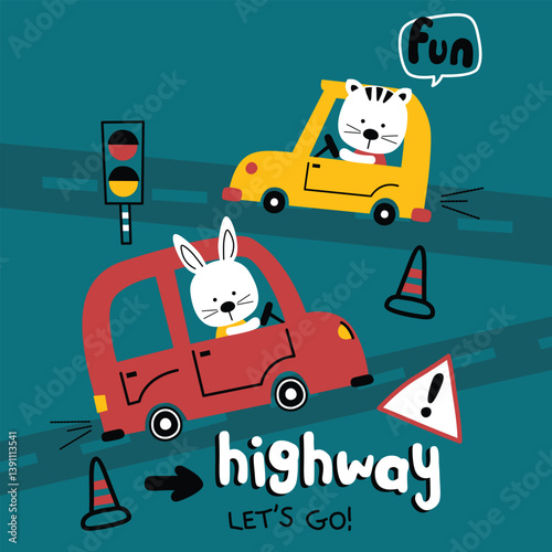 Cartoon rabbit and cat driving cars on highway with traffic cones lights and fun text in playful travel scene on teal background. Kids transportation concept
