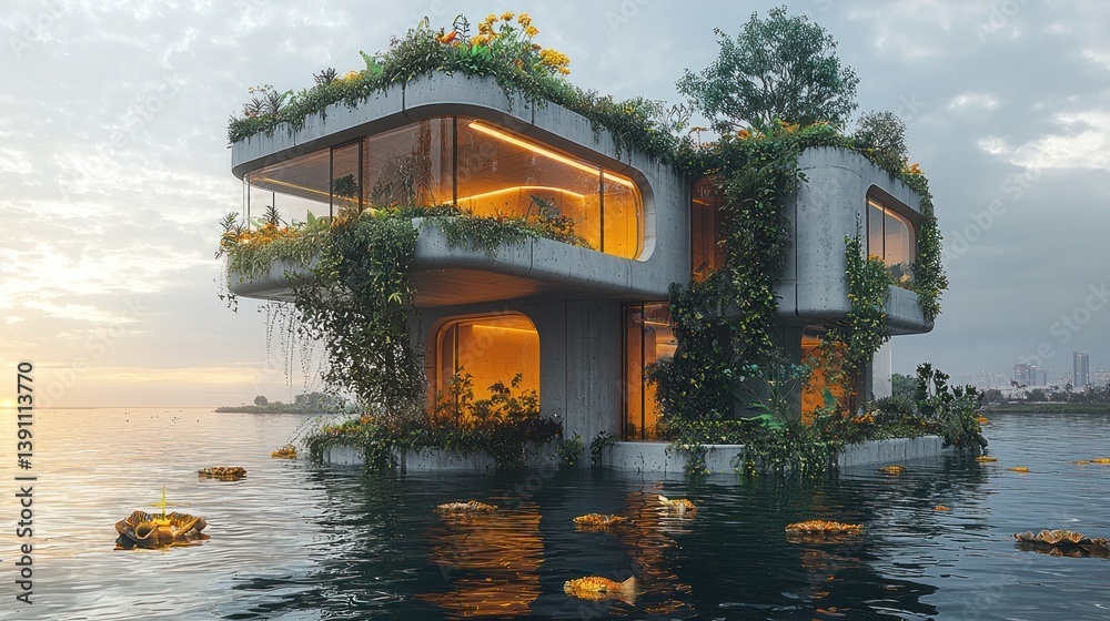 Obraz premium Futuristic eco-friendly house on water at sunset.