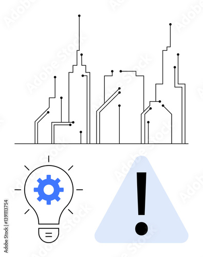 Abstract city skyline with connecting circuits, light bulb featuring gear symbol, and exclamation warning triangle. Ideal for technology, innovation, urban planning, problem-solving, risk assessment