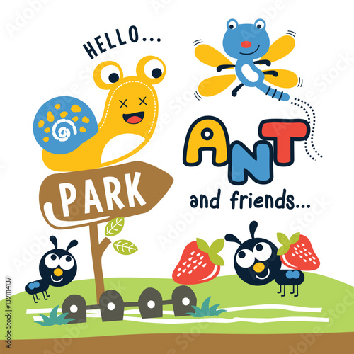 Cartoon ants with smiling snail and dragonfly around park sign with strawberries and hello text in fun nature scene. Insect character concept

