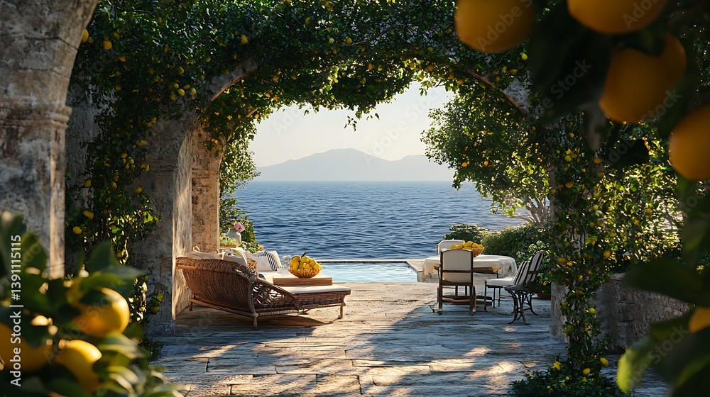 Obraz premium レモンの木が茂る小道と海の見えるテラス