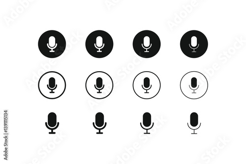 Microphone vector icon set. Microphones audio podcast vector icons. Microphone icon set. Different microphone collection. Podcast mike, journalist microphone, karaoke, conference.