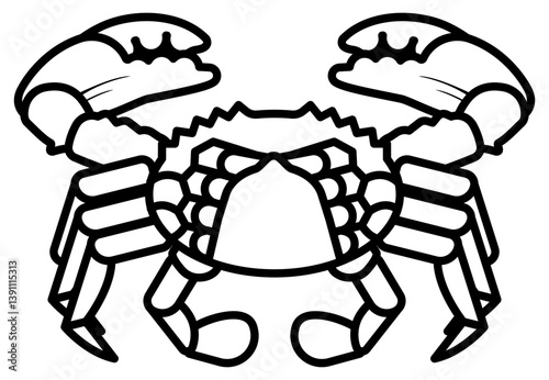 icon line art of a crab seen from the underside. The crab is depicted with a detailed abdomen segmented legs and large claws raised on each side.