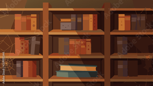 Dusty Bookshelves A closeup view of empty bookshelves with a thick layer of dust showcasing a few forgotten old books with spider webs.