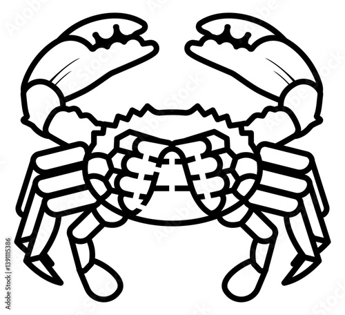 icon line art of a crab seen from the underside. The crab is depicted with a detailed abdomen segmented legs and large claws raised on each side.