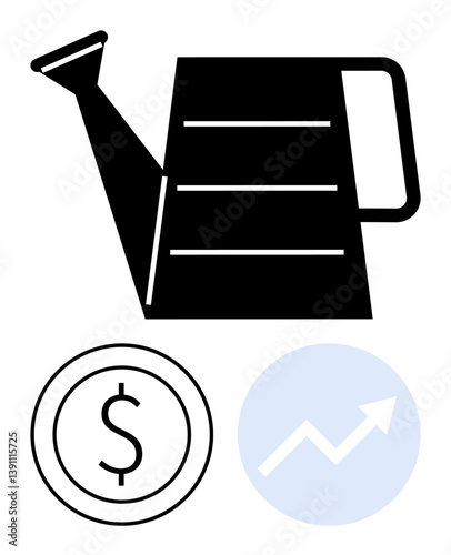 Watering can symbolizes nurturing, dollar sign hints investment or monetary resource, upward arrow implies growth or success. Ideal for finance, business, investment, growth, economy