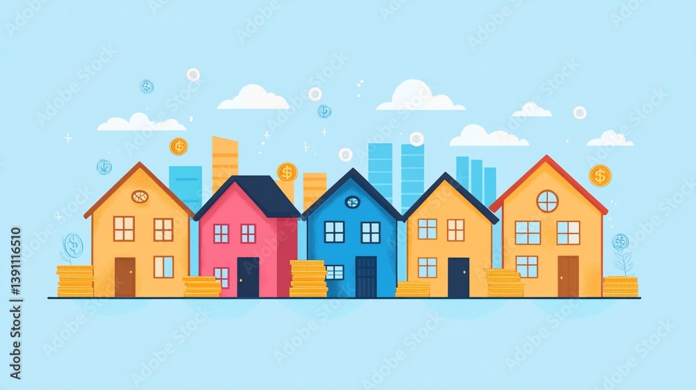 Colorful houses row illustration representing property investment and growth