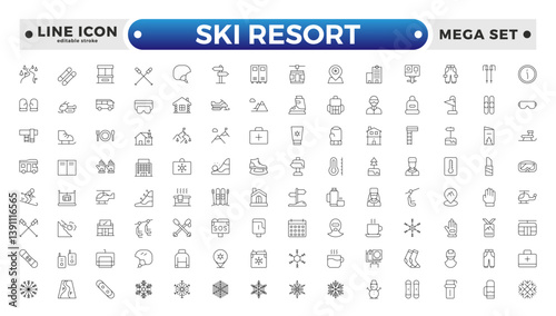 SKI Resort outline icon collection. Set skiing stylized and mountain. Editable stroke outline icon.
