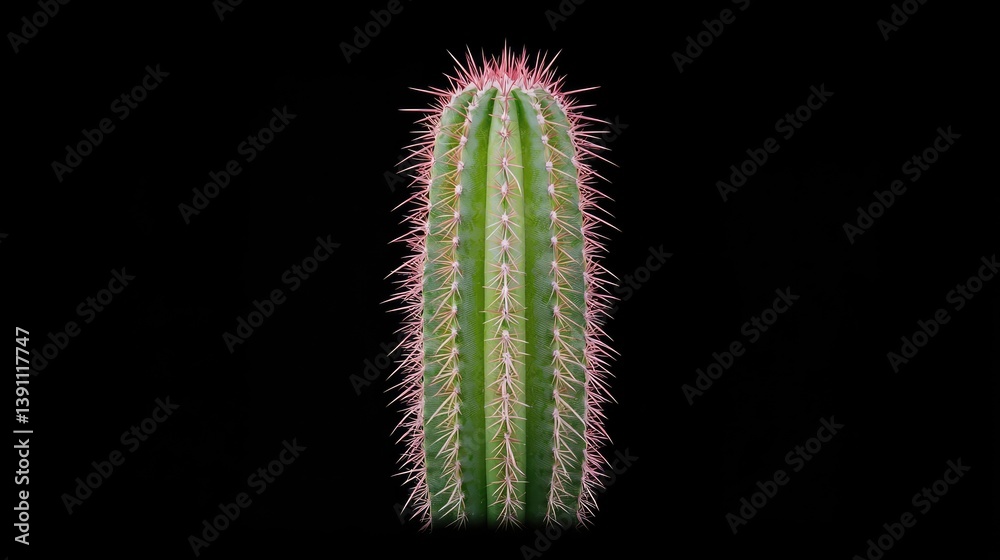 Close-up of a vibrant green cactus with distinct ribs and reddish spines against a black background Close-up of a vibrant green cactus with distinct ribs and reddish spines against a black background