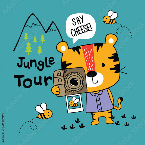 Cartoon tiger holding camera and taking pictures with jungle tour text bees and mountain trees in nature scene. Wildlife adventure concept
