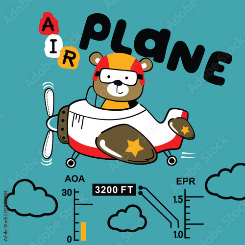 Cartoon bear piloting airplane with cockpit indicators and clouds at 3200 feet altitude in aviation themed scene. Air transport illustration concept
