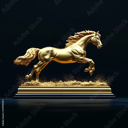 A golden sculpted horse is leaping across a dark background