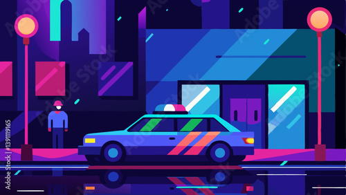 Nightclub District A police car with flashing lights parked near a bustling nightlife area casting colorful reflections on the wet asphalt as clubgoers pass by.