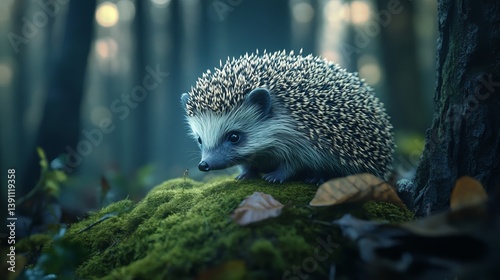 European hedgehog on green moss in forest, cute animal with snipes in autumn woods photo