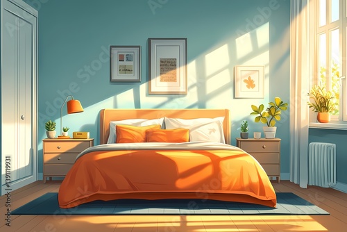 Cozy Bedroom Decor in Modern Design with Vibrant Orange and Purple Touches Featuring Natural Light and Indoor Plants photo