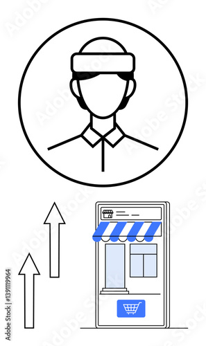 User avatar headshot above mobile storefront with upward arrows symbolizing business growth, digital commerce, success. Ideal for e-commerce, entrepreneurship, marketing, sales, technology