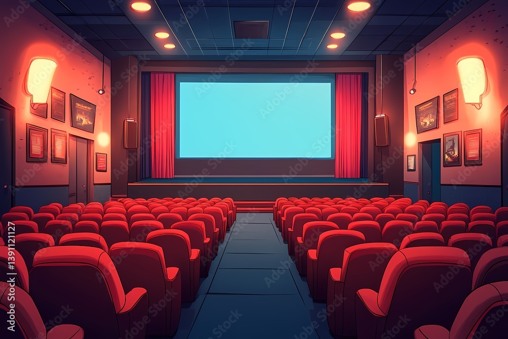 Fototapeta premium Immersive Empty Movie Theater with Red Chairs and Artistic Ambiance for a Modern Cinema Experience